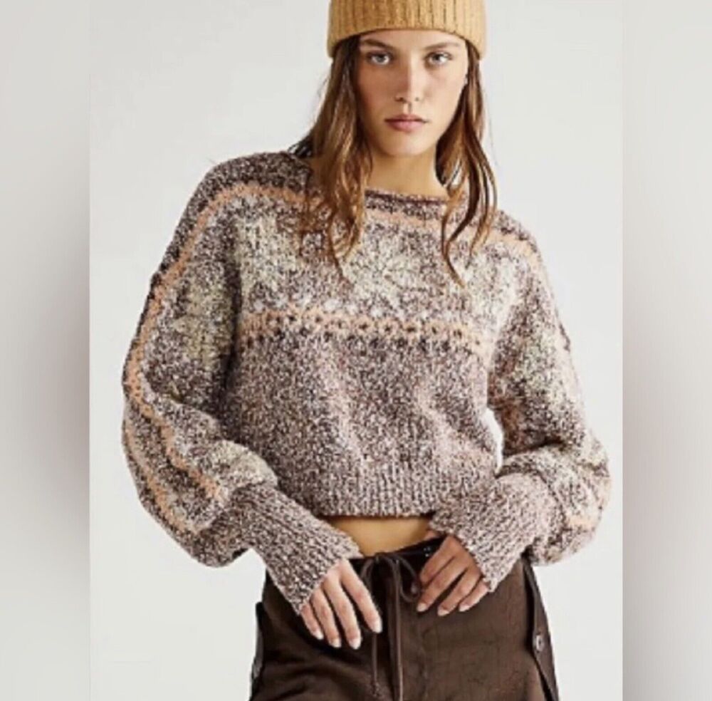 Free People Cropped Gingerbread Combo Pullover Sweater Brown S